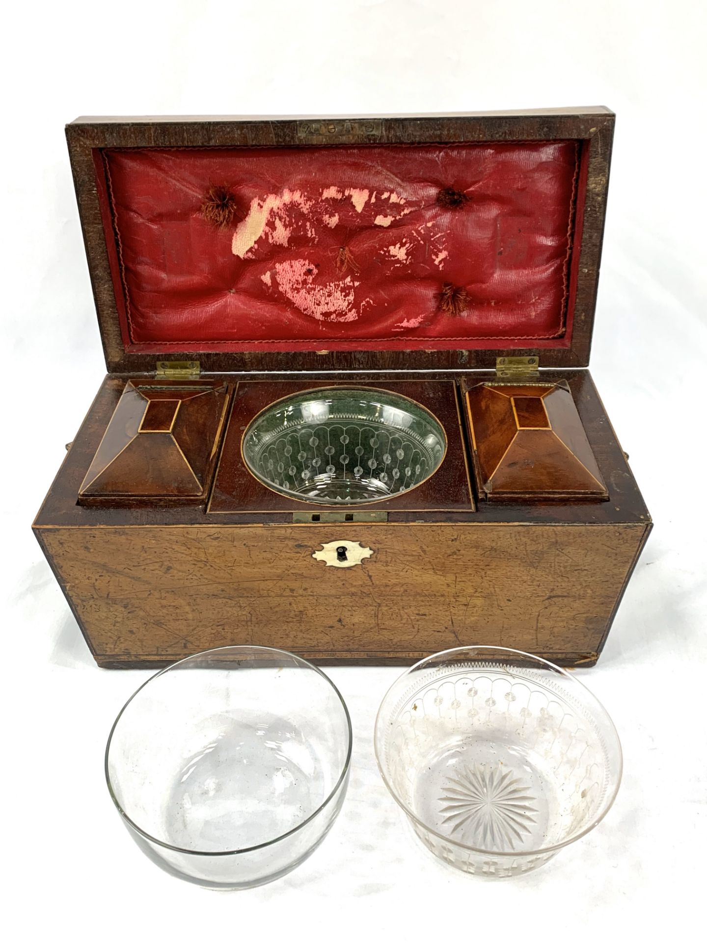 Early 19th Century sarcophagus tea caddy, requires repair. Complete with three glass bowls. - Image 5 of 5