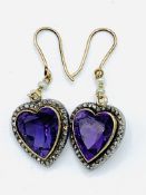 Pair of heart-shaped amethyst, diamond and seed pearl drop earrings.