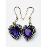 Pair of heart-shaped amethyst, diamond and seed pearl drop earrings.