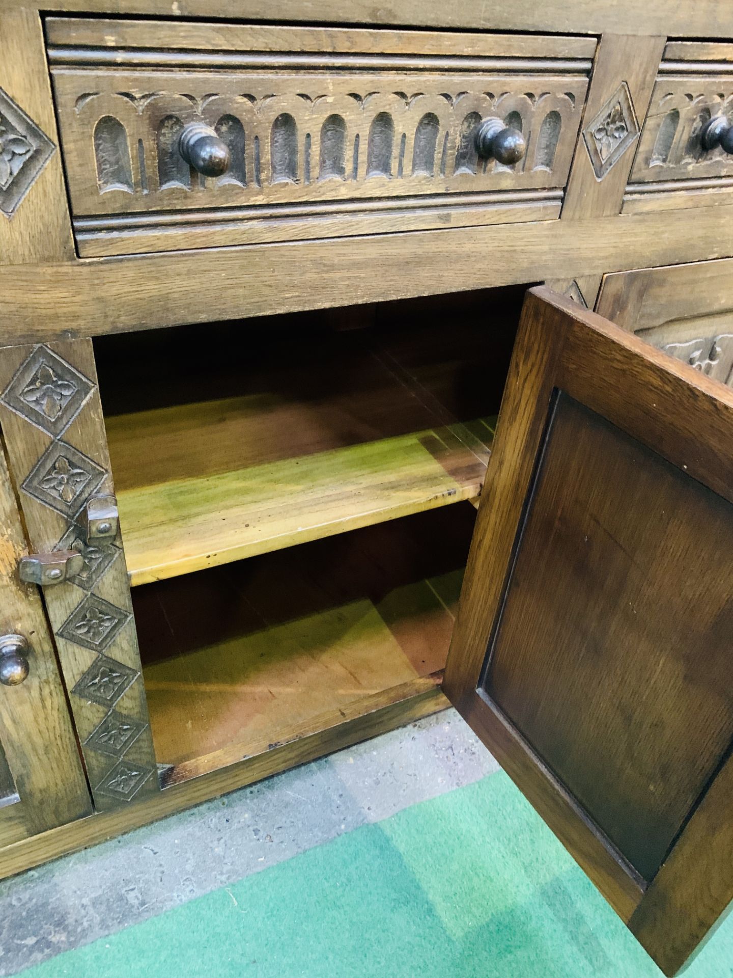 1930's oak sideboard with three frieze drawers over three cupboards. - Image 6 of 6