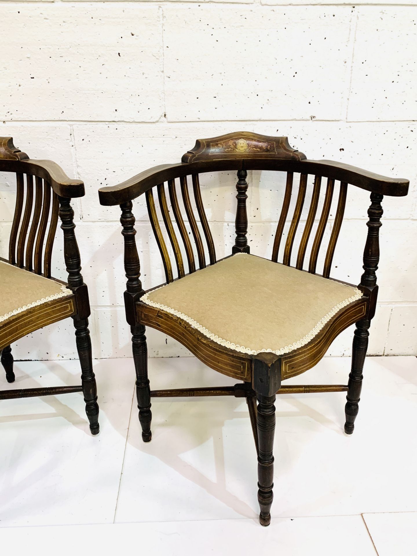 Pair of inlaid mahogany corner chairs with rail backs, upholstered in mushroom fabric. - Image 4 of 4