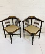 Pair of inlaid mahogany corner chairs with rail backs, upholstered in mushroom fabric.