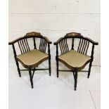 Pair of inlaid mahogany corner chairs with rail backs, upholstered in mushroom fabric.