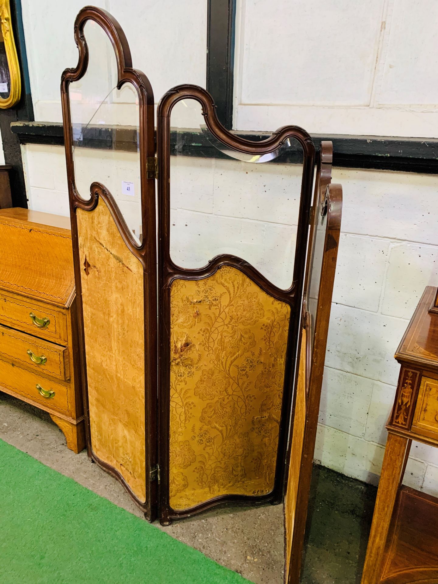 Mahogany three fold screen with bevelled glass above original silk upholstered panels - Image 2 of 2