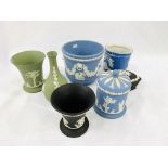 Seven pieces of blue Wedgwood Jasperware.