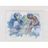 Framed and glazed Lou Ferrigno watercolour painting of Chris Rea and Miles Davis.