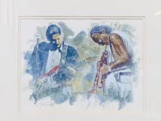 Framed and glazed Lou Ferrigno watercolour painting of Chris Rea and Miles Davis.