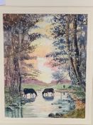 Rowland Hill 1915-1979 watercolour of cows at dusk.