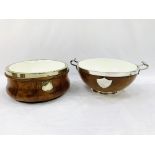 Two oak ceramic lined salad bowls and two oak ceramic lined biscuit barrels.