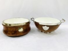 Two oak ceramic lined salad bowls and two oak ceramic lined biscuit barrels.