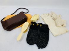 Collection of gloves, compacts, darning mushroom, glove stretcher and bags.