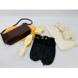 Collection of gloves, compacts, darning mushroom, glove stretcher and bags.