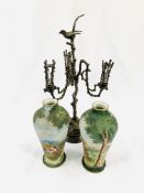 Silver plate carved 3 branch candelabra, with 2 Gobelin vases