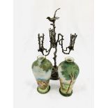 Silver plate carved 3 branch candelabra, with 2 Gobelin vases