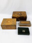 Walnut sewing box, inlaid box, carved oriental box and leather covered jewellery case.