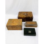 Walnut sewing box, inlaid box, carved oriental box and leather covered jewellery case.