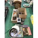 A collection of watch and clock parts for spares and repairs, together with a clock.