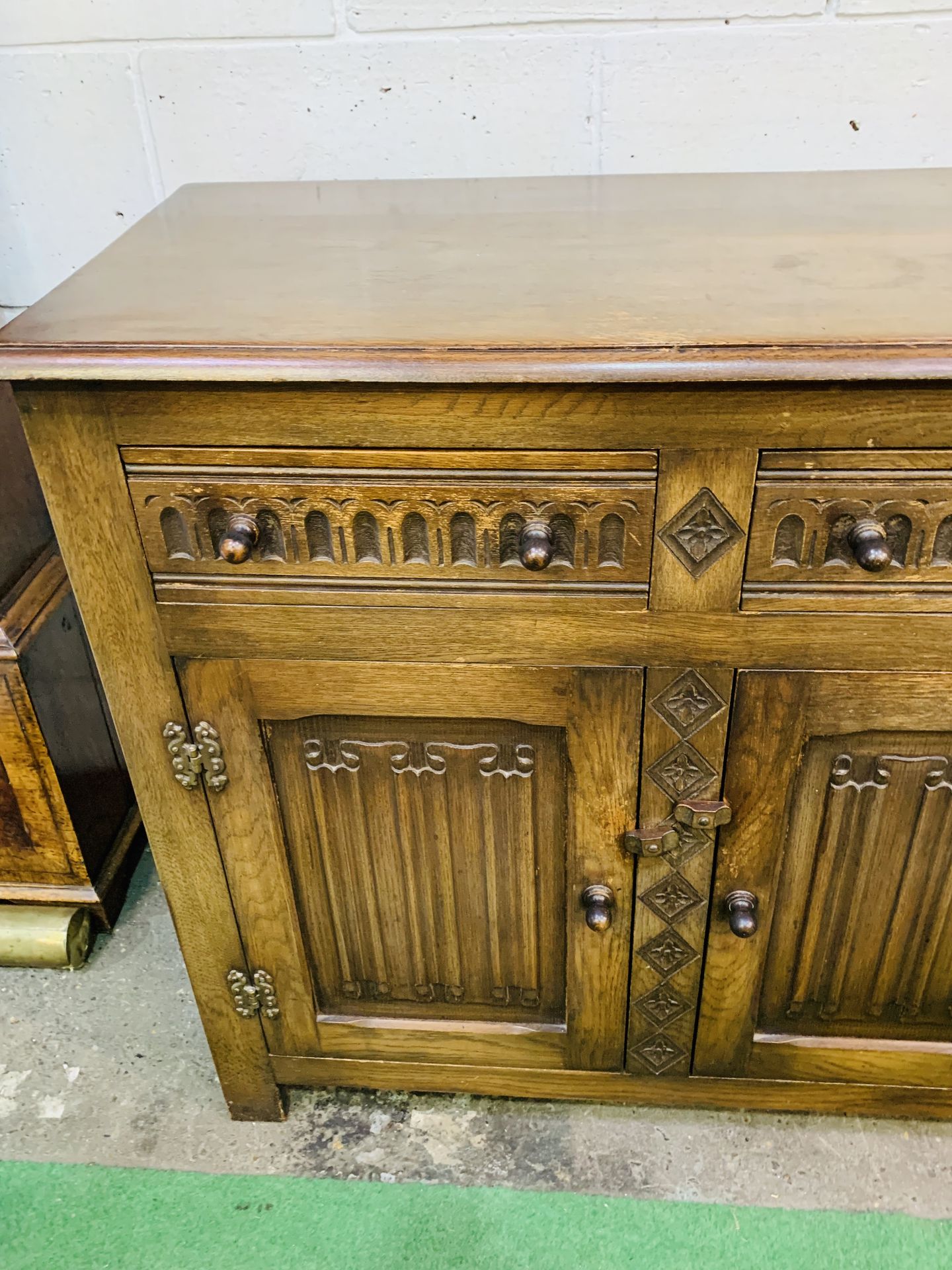 1930's oak sideboard with three frieze drawers over three cupboards. - Image 3 of 6