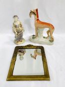 Staffordshire figurine of a lurcher; a porcelain figurine as found; and an Art Deco mirror