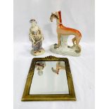 Staffordshire figurine of a lurcher; a porcelain figurine as found; and an Art Deco mirror