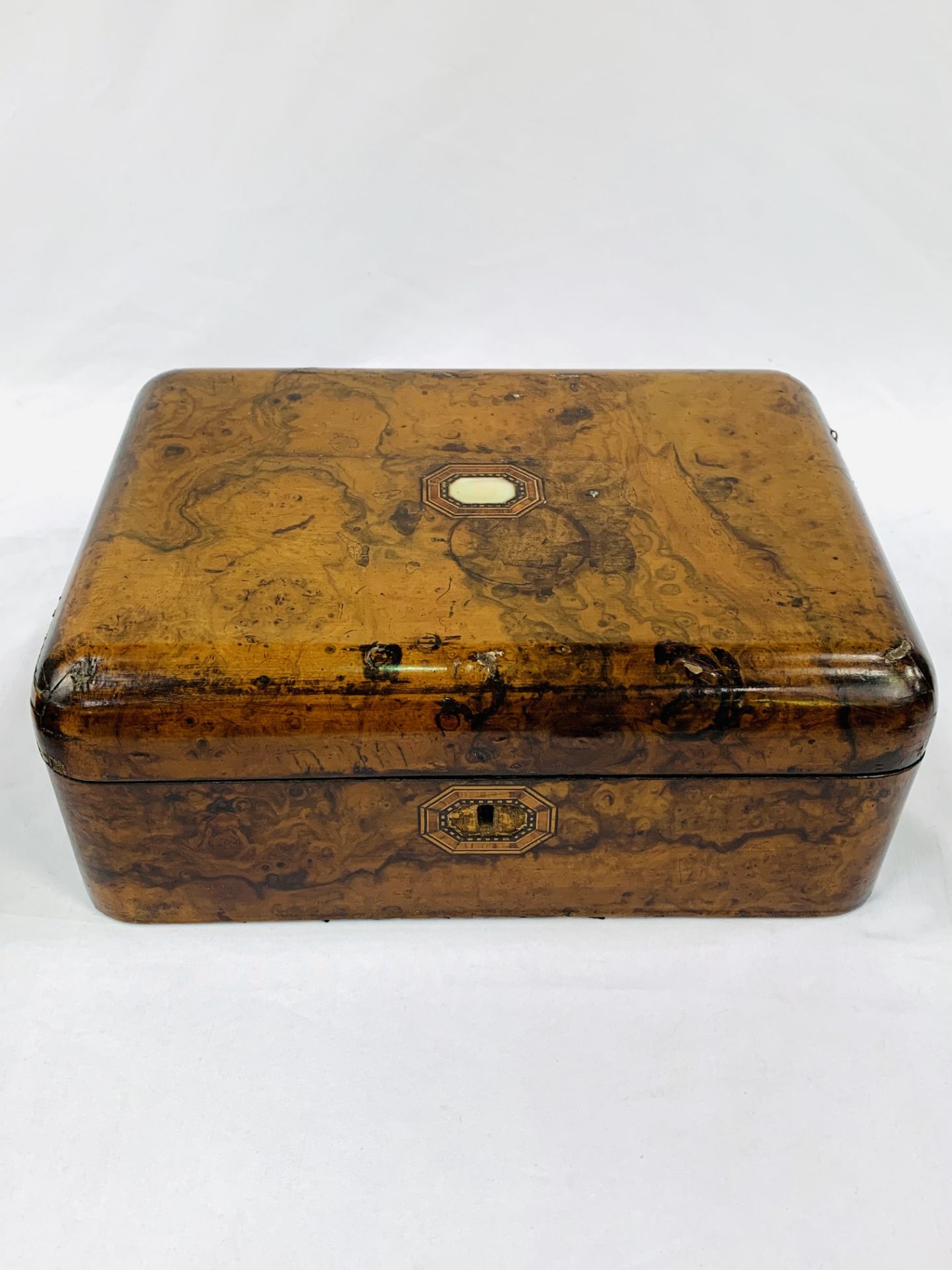 Walnut sewing box, inlaid box, carved oriental box and leather covered jewellery case. - Image 2 of 3