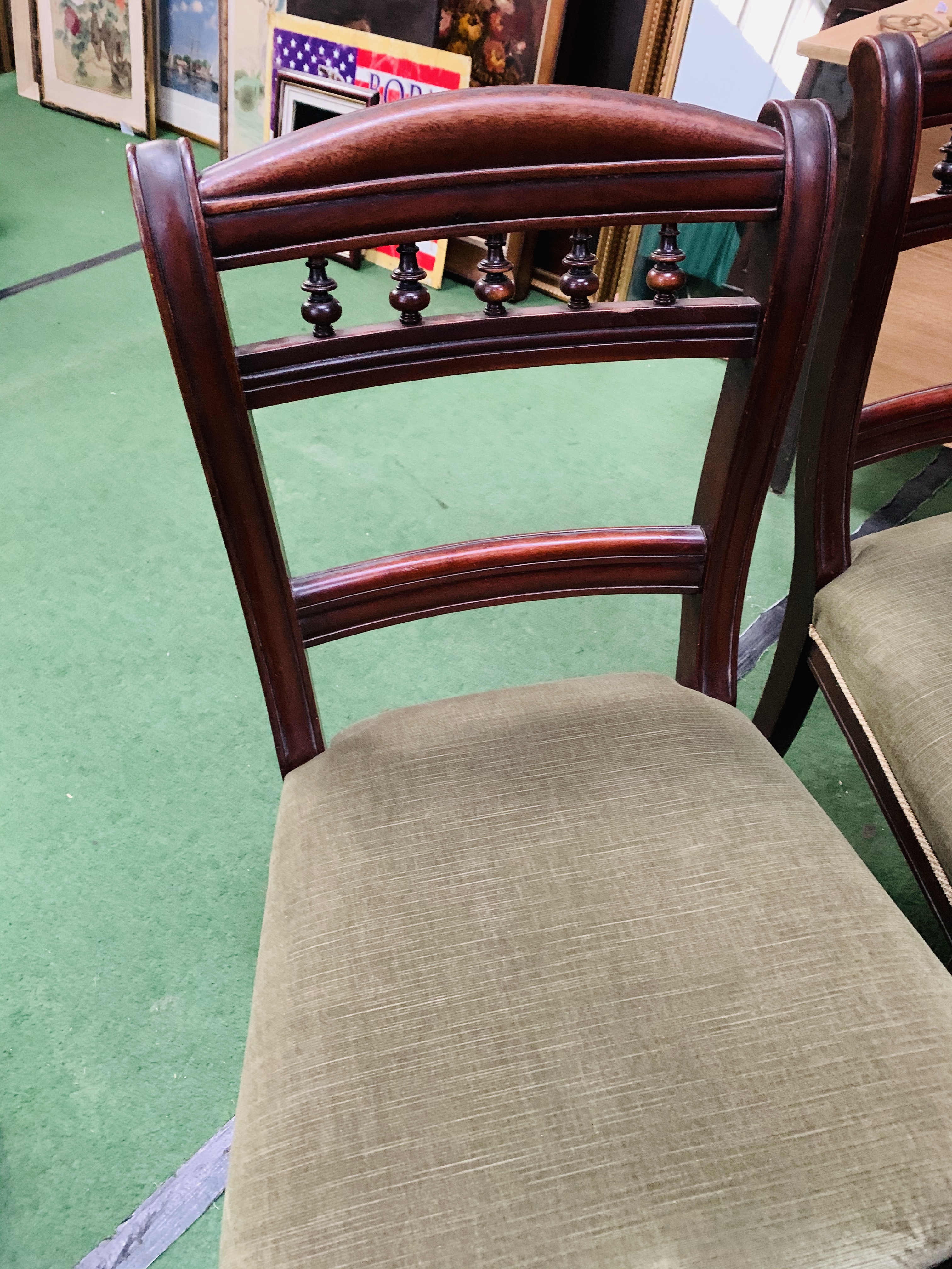 Four mahogany dining chairs with green upholstered seats. - Image 3 of 4