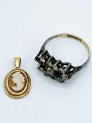 9ct gold and silver blue and white stone ring and 9ct gold cameo pendant.