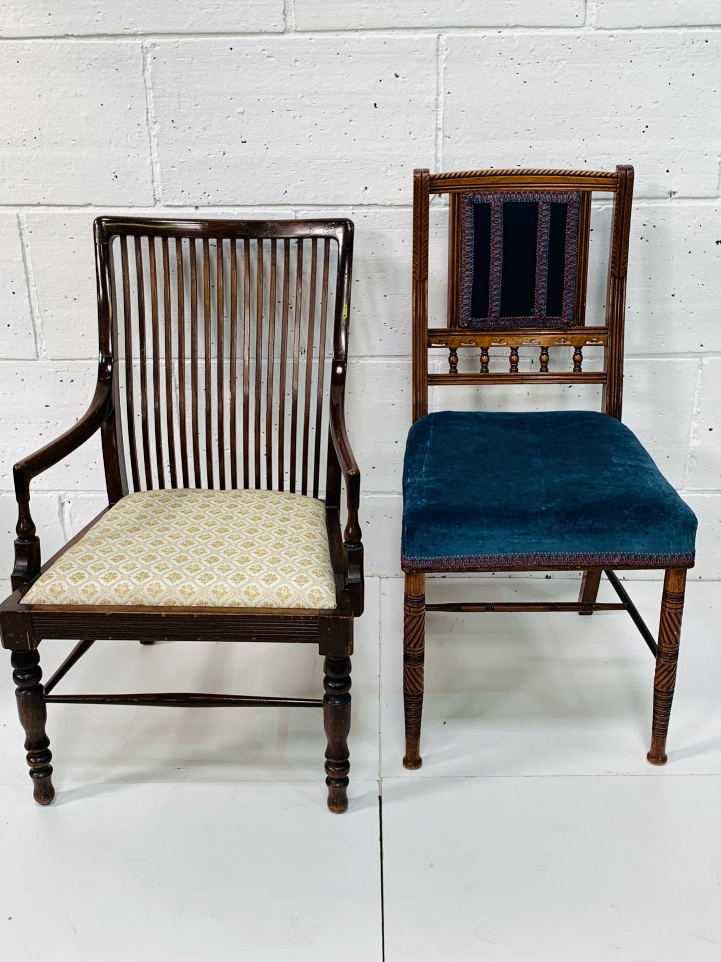 Carved mahogany framed Edwardian bedroom chair; together with a mahogany framed low open armchair