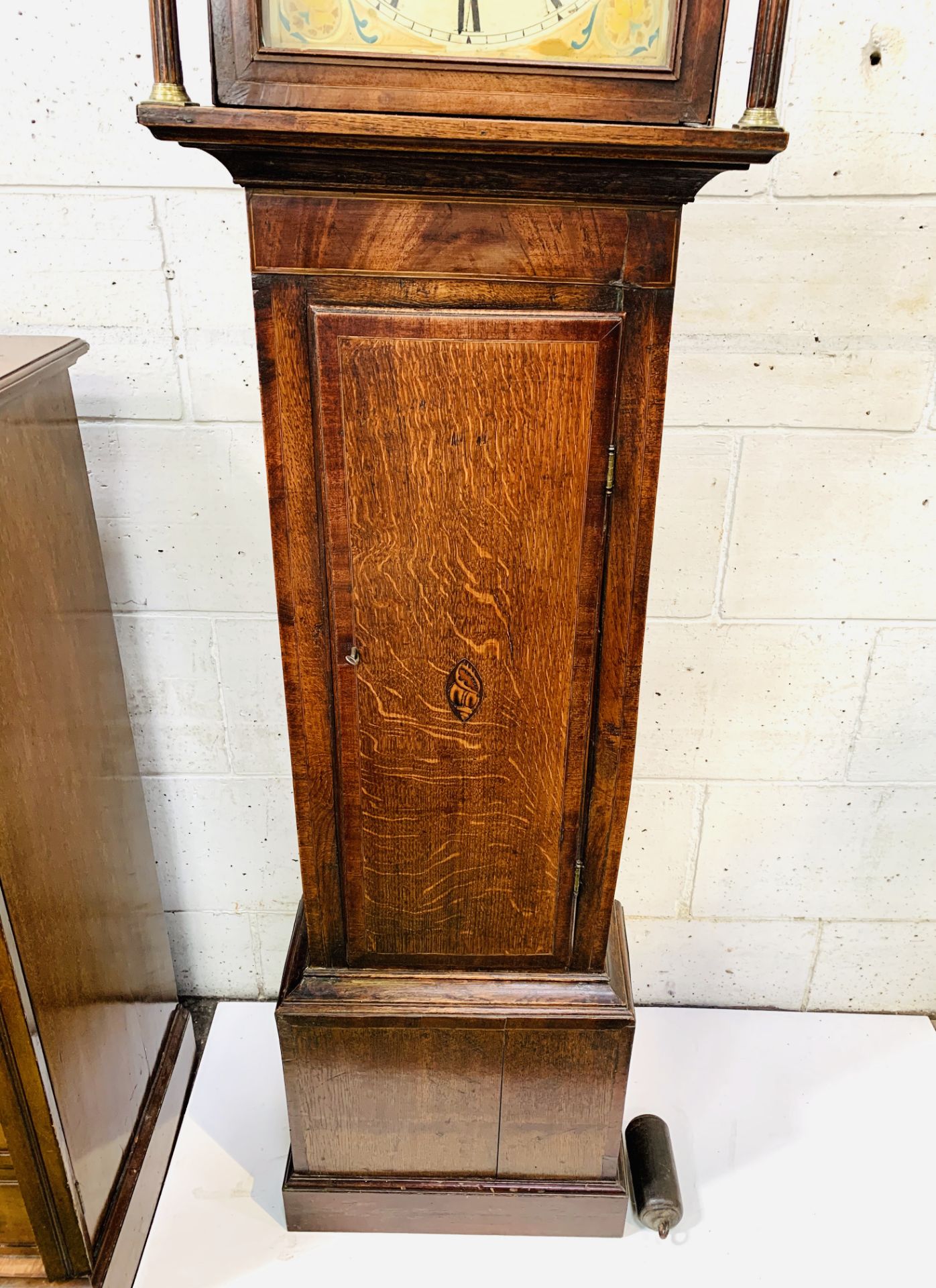 Oak and mahogany long case clock with painted face, date aperture, single weight. - Image 3 of 5