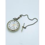 Sekonda white metal case pocket watch, with embossed steam engine on back, with fob. Going order.