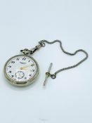 Sekonda white metal case pocket watch, with embossed steam engine on back, with fob. Going order.