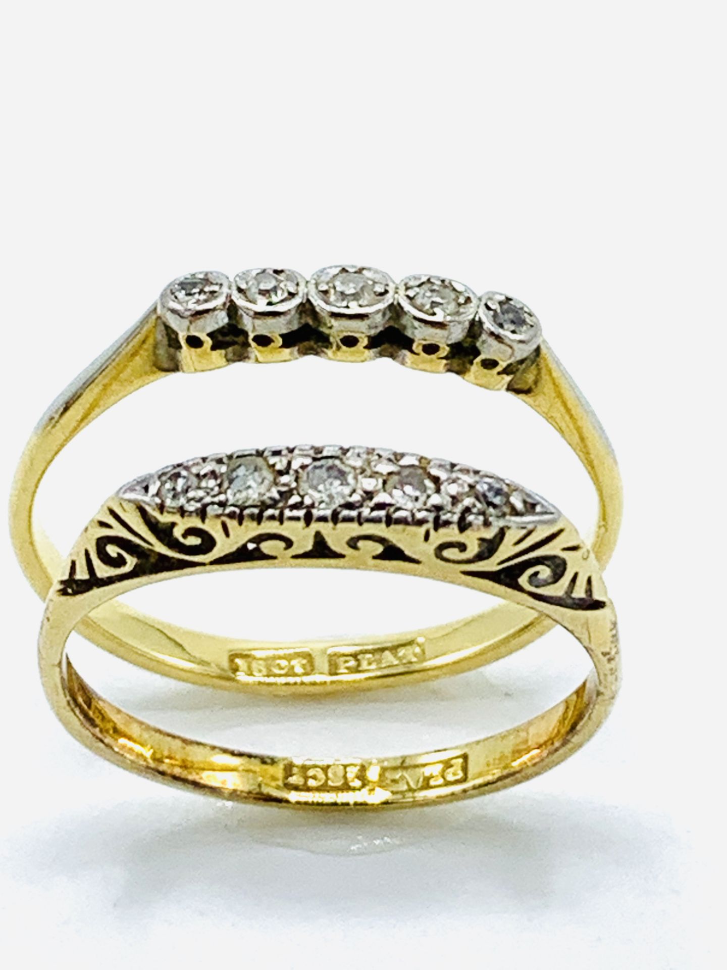 18ct gold and platinum Victorian 5 diamond ring, size R; together with another similar ring. - Image 2 of 4