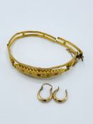 9ct gold, ruby and diamond bracelet, broken; together with a pair of 9ct gold earrings, one as found