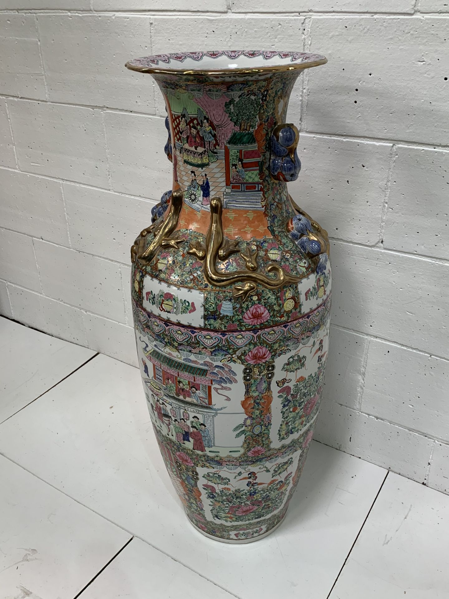 Large hand painted Chinese doorway vase, Famille Rose design, 122cms. - Image 3 of 5