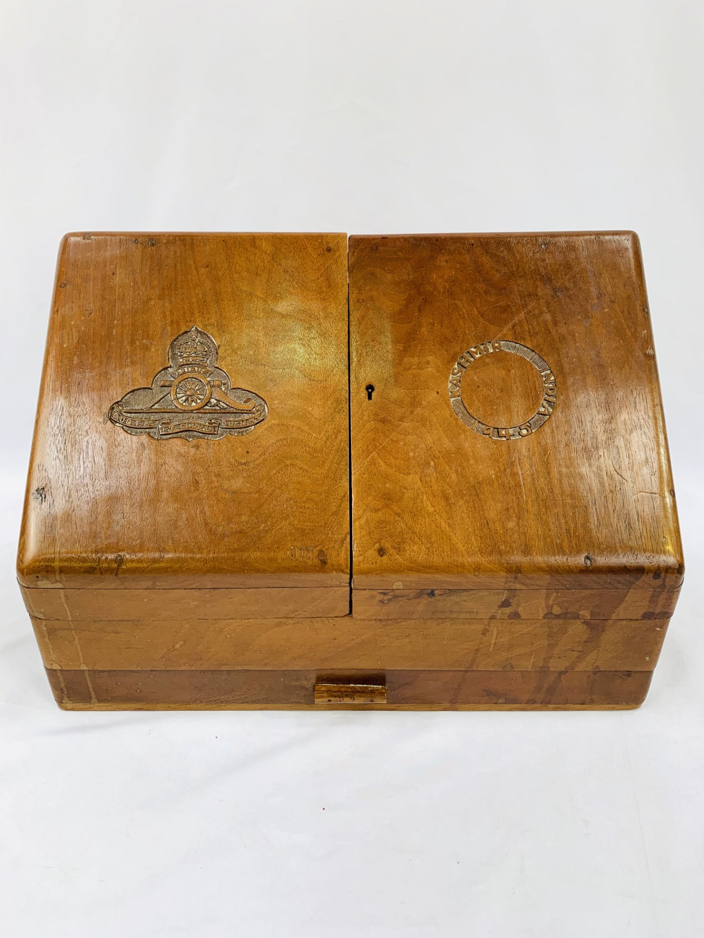 Mahogany stationery box carved with the crest of the Royal Artillery