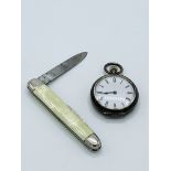 935 silver cased small pocket watch, together with a vintage penknife.
