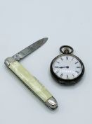 935 silver cased small pocket watch, together with a vintage penknife.