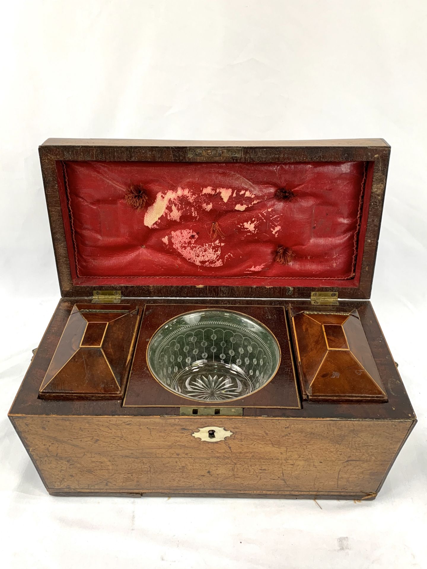 Early 19th Century sarcophagus tea caddy, requires repair. Complete with three glass bowls.