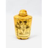 Cone shaped Chinese snuff bottle with dipper, featuring an erotic scene.