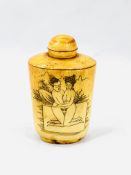 Cone shaped Chinese snuff bottle with dipper, featuring an erotic scene.