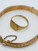 9ct gold bracelet; together with 9ct gold signet ring.