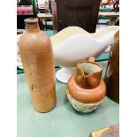 Large parian vase, two stoneware bottles, and stoneware jug.