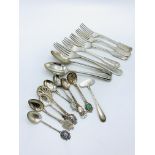 Georgian silver fork; 3 continental silver spoons; 800 silver baby's pusher; and some silver plate