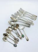 Georgian silver fork; 3 continental silver spoons; 800 silver baby's pusher; and some silver plate