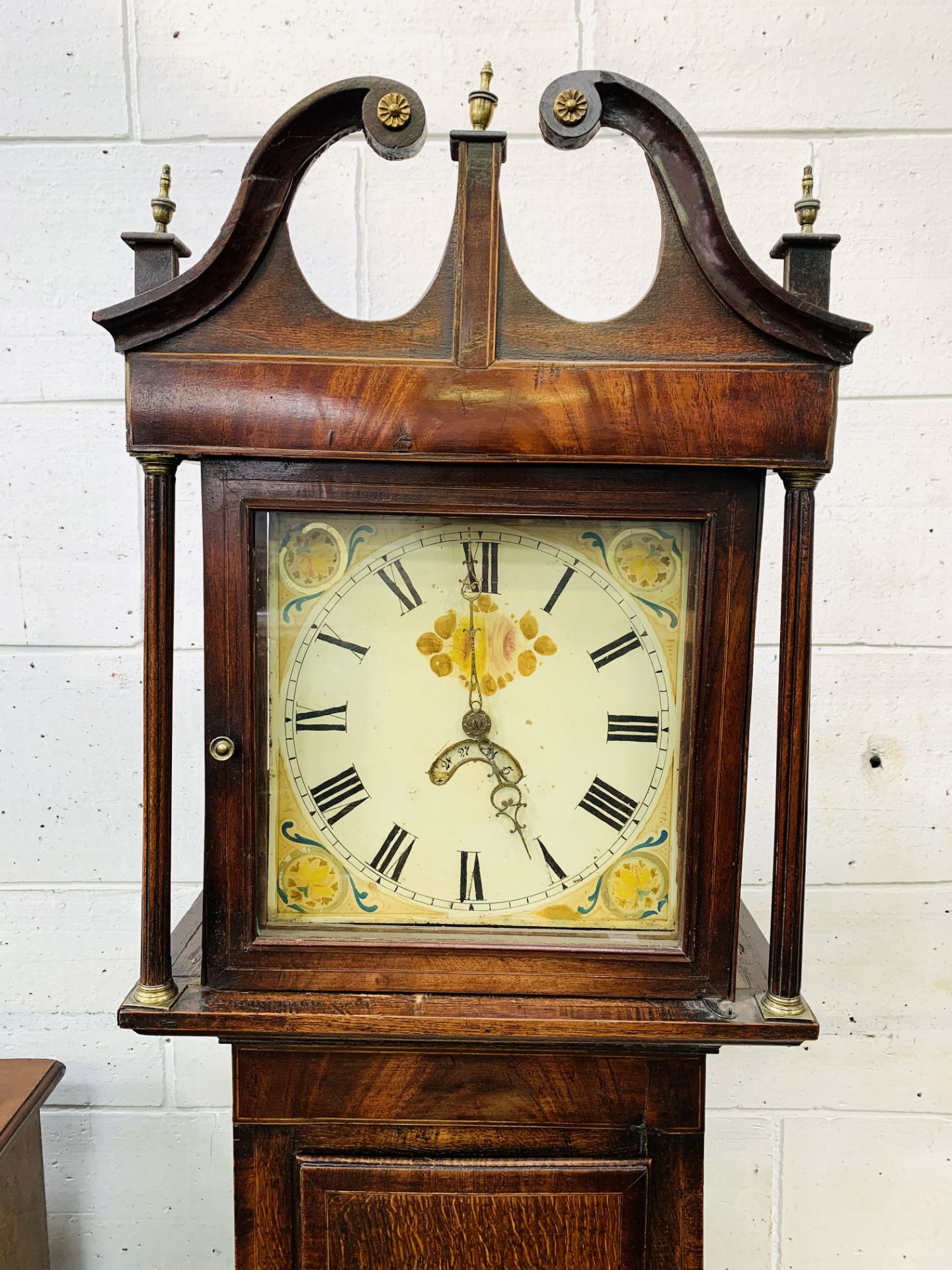 Oak and mahogany long case clock with painted face, date aperture, single weight. - Image 2 of 5