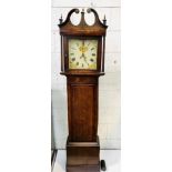 Oak and mahogany long case clock with painted face, date aperture, single weight.