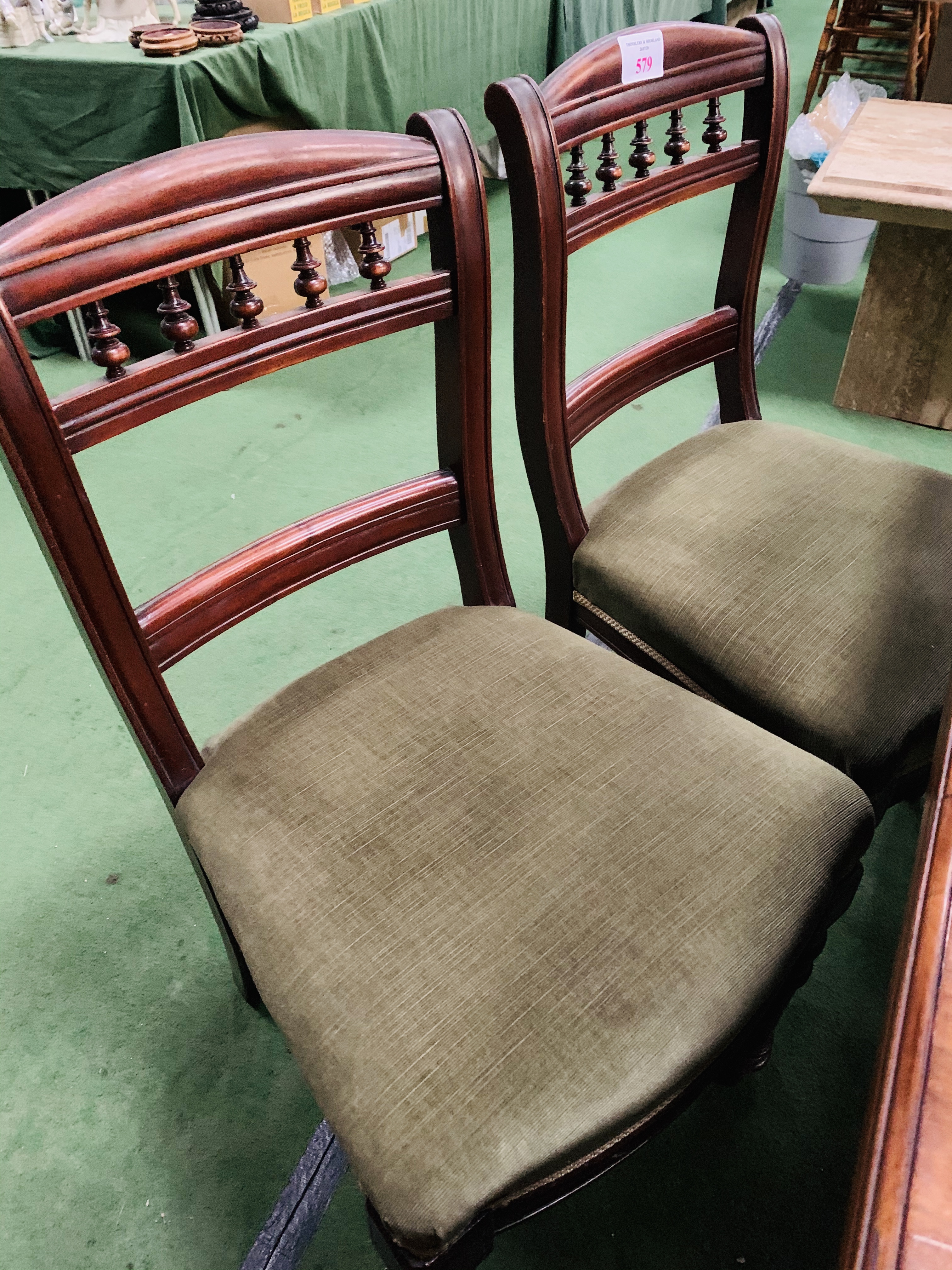 Four mahogany dining chairs with green upholstered seats. - Image 2 of 4