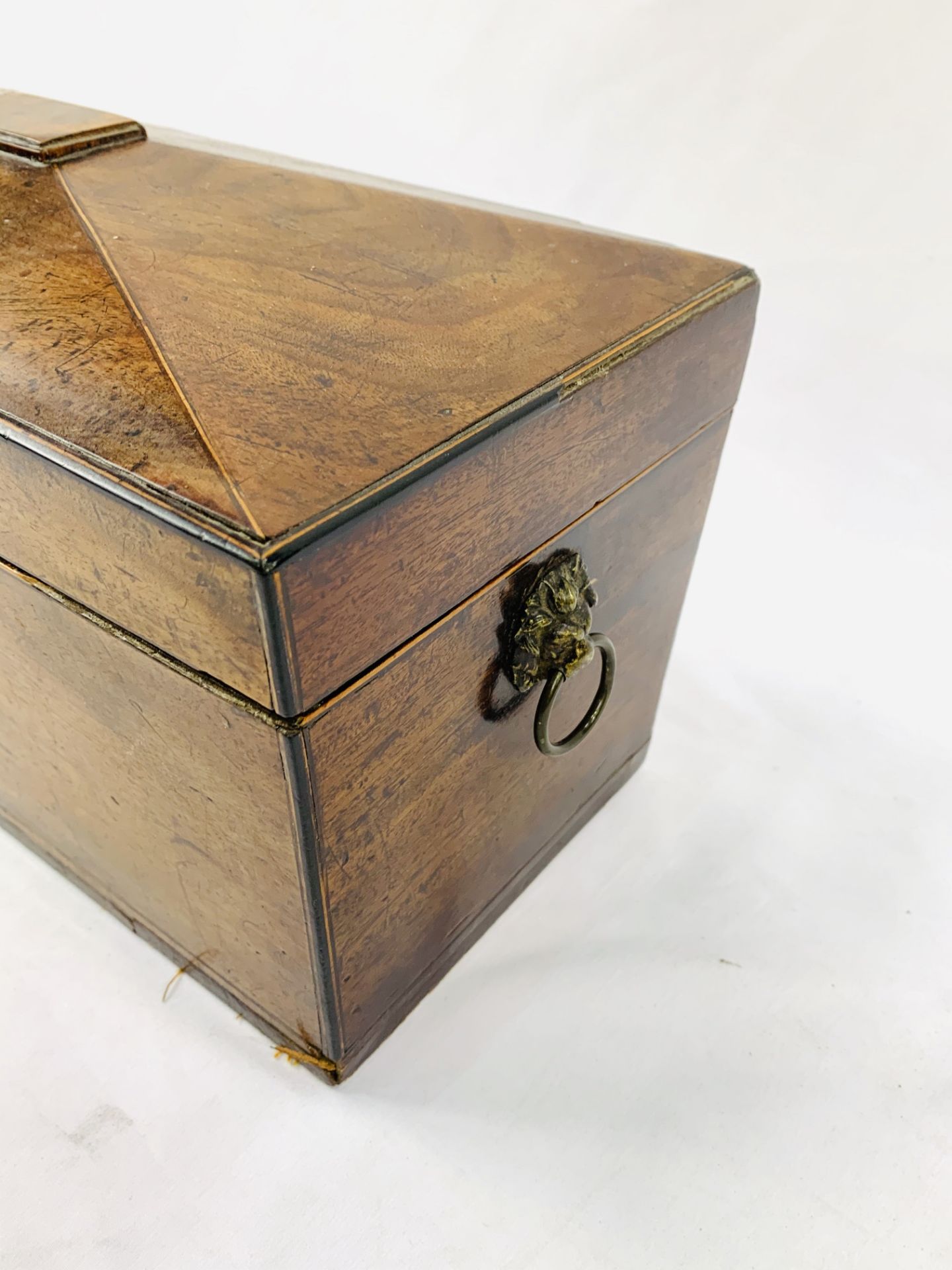 Early 19th Century sarcophagus tea caddy, requires repair. Complete with three glass bowls. - Image 3 of 5
