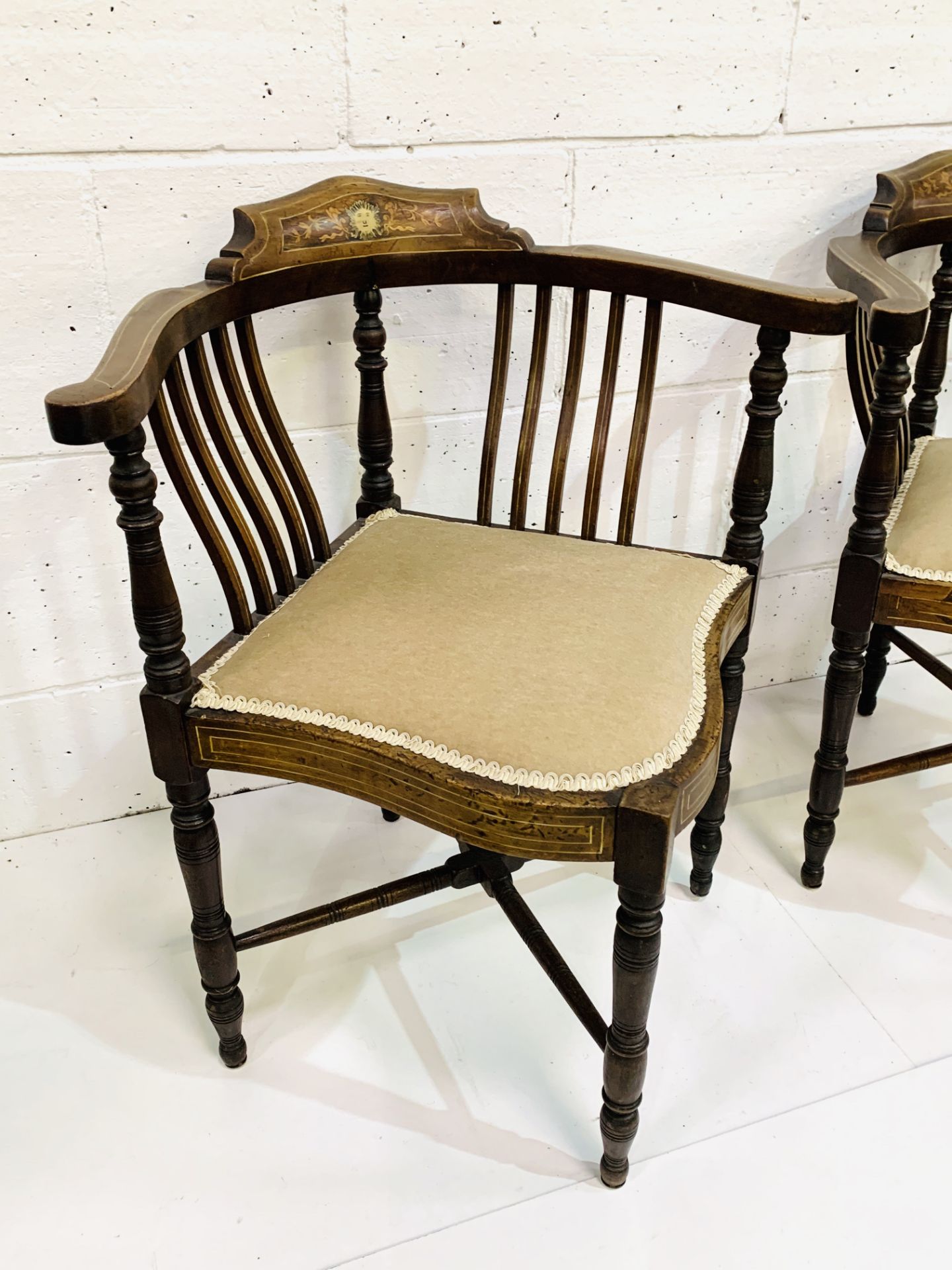 Pair of inlaid mahogany corner chairs with rail backs, upholstered in mushroom fabric. - Image 3 of 4