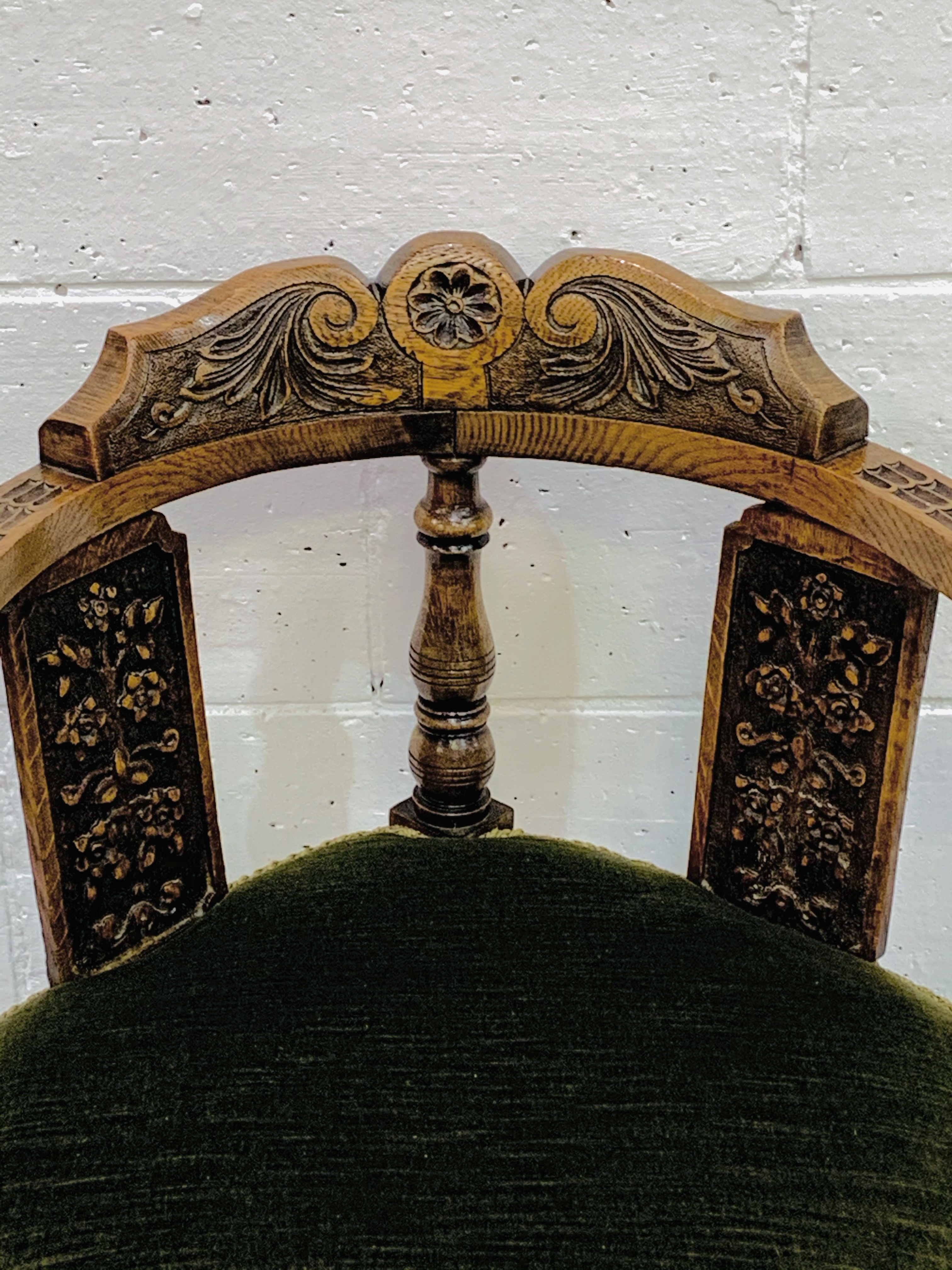 Oak framed corner chair, heavily carved, with green upholstered seat. - Image 2 of 5